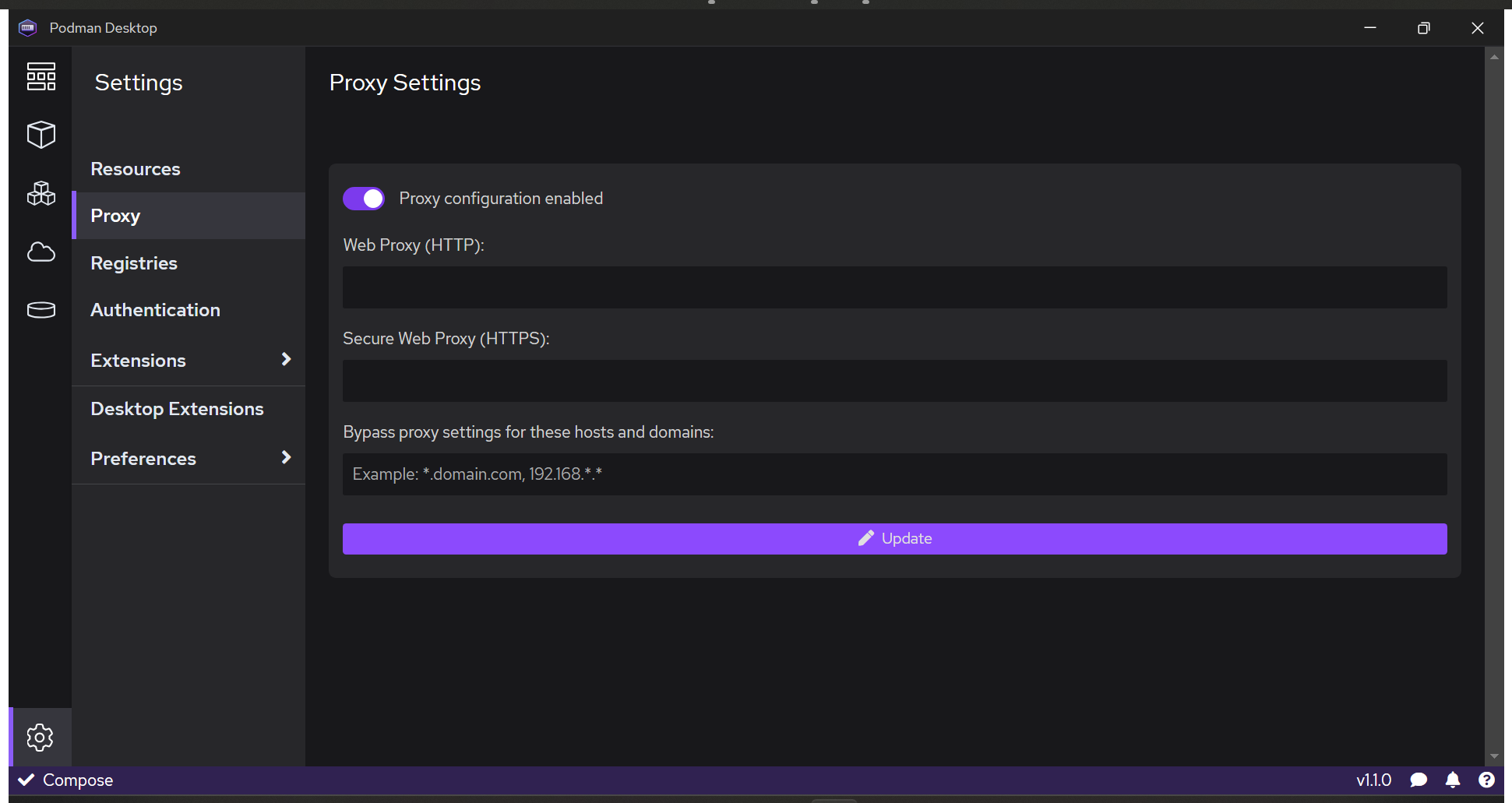 podman desktop settings proxy